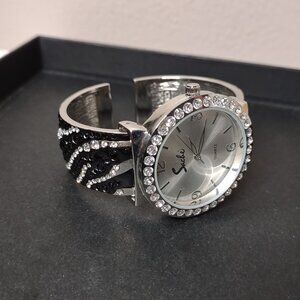 6.5 Inch Black And Silver Tone Sache Metal Cuff Watch